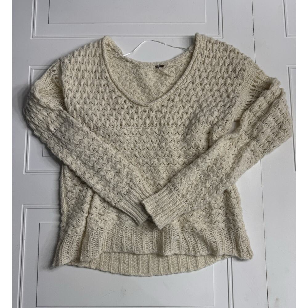 Free People Cream Crochet Knit Scoop Neck Wool Blend Oversized Sweater XS